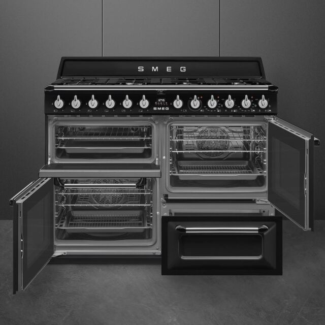 Smeg TR4110BL1 110cm Victoria Dual Fuel Range Cooker, Black