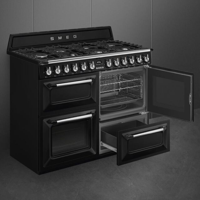 Smeg TR4110BL1 110cm Victoria Dual Fuel Range Cooker, Black