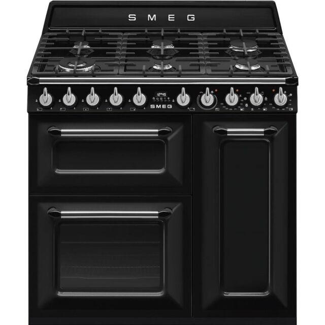 Smeg TR93BL 90cm Victoria Dual Fuel Range Cooker, Black