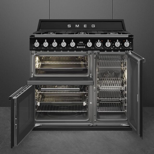 Smeg TR93BL 90cm Victoria Dual Fuel Range Cooker, Black