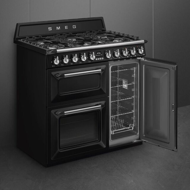 Smeg TR93BL 90cm Victoria Dual Fuel Range Cooker, Black