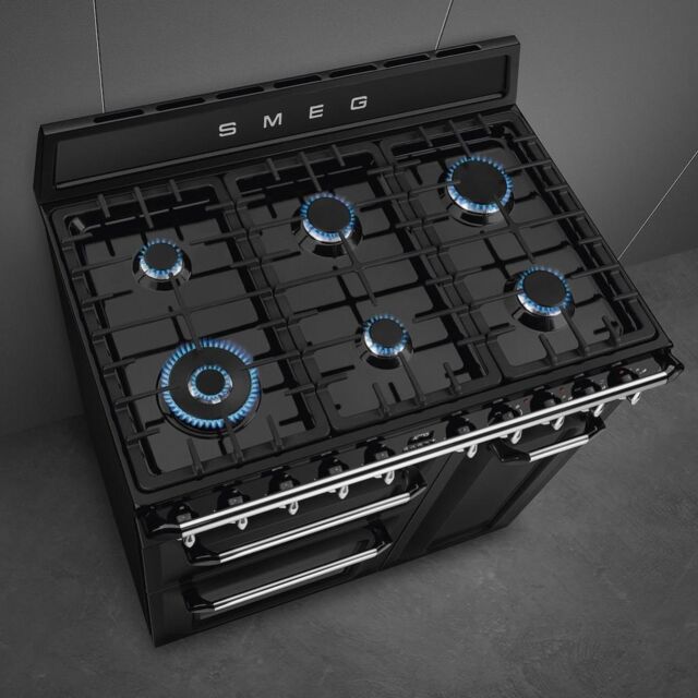 Smeg TR93BL 90cm Victoria Dual Fuel Range Cooker, Black