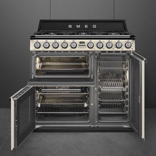 Smeg TR93P 90cm Victoria Dual Fuel Range Cooker, Cream