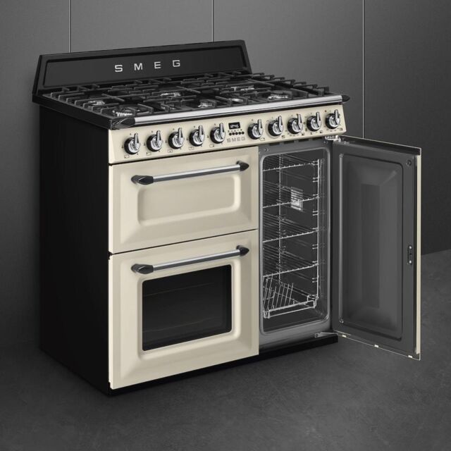 Smeg TR93P 90cm Victoria Dual Fuel Range Cooker, Cream