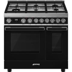 Smeg CPF92GMBL 90cm Portofino Dual Fuel Range Cooker, Black